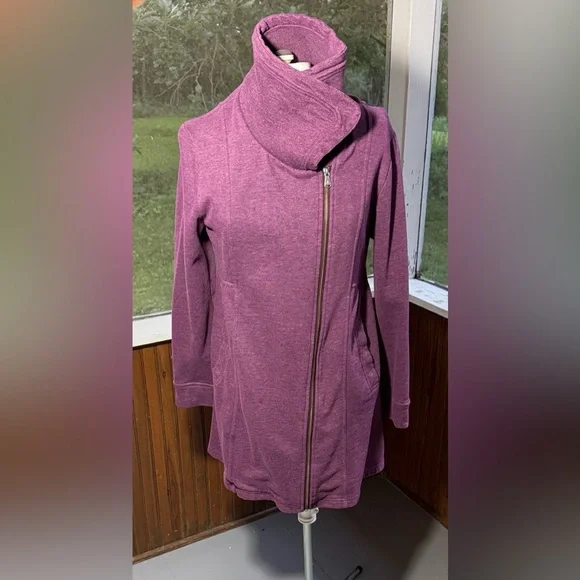 PRANA Mila Purple Full-Zip Sweatshirt Jacket Tunic Length Pockets Funnel Neck XL - Picture 1 of 16